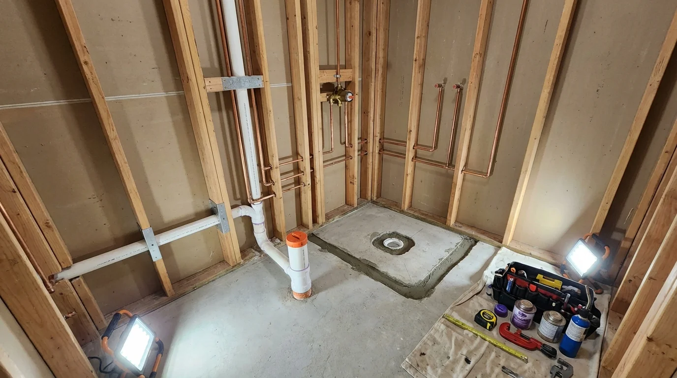 Bathroom rough-in plumbing during remodel by Johns Plumbing LLC in Mebane