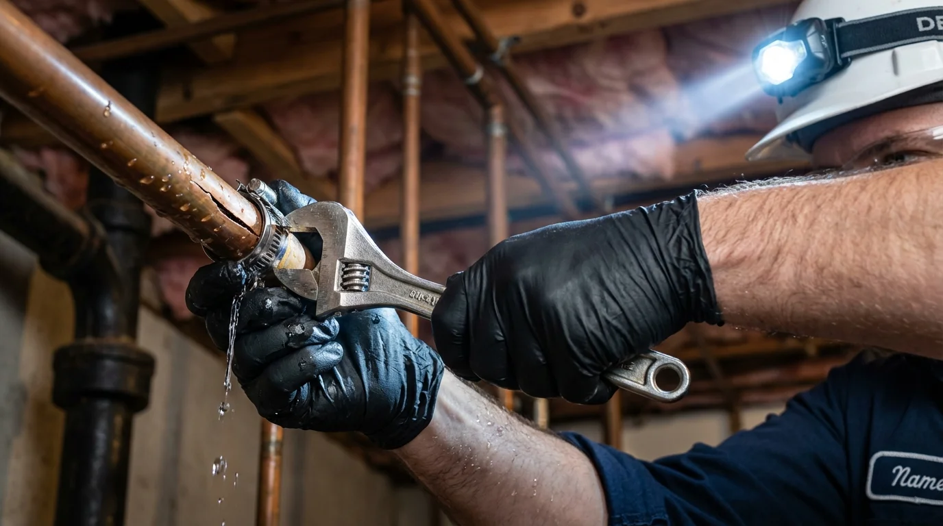 Emergency pipe clamp repair being performed by a Johns Plumbing LLC plumber in Mebane