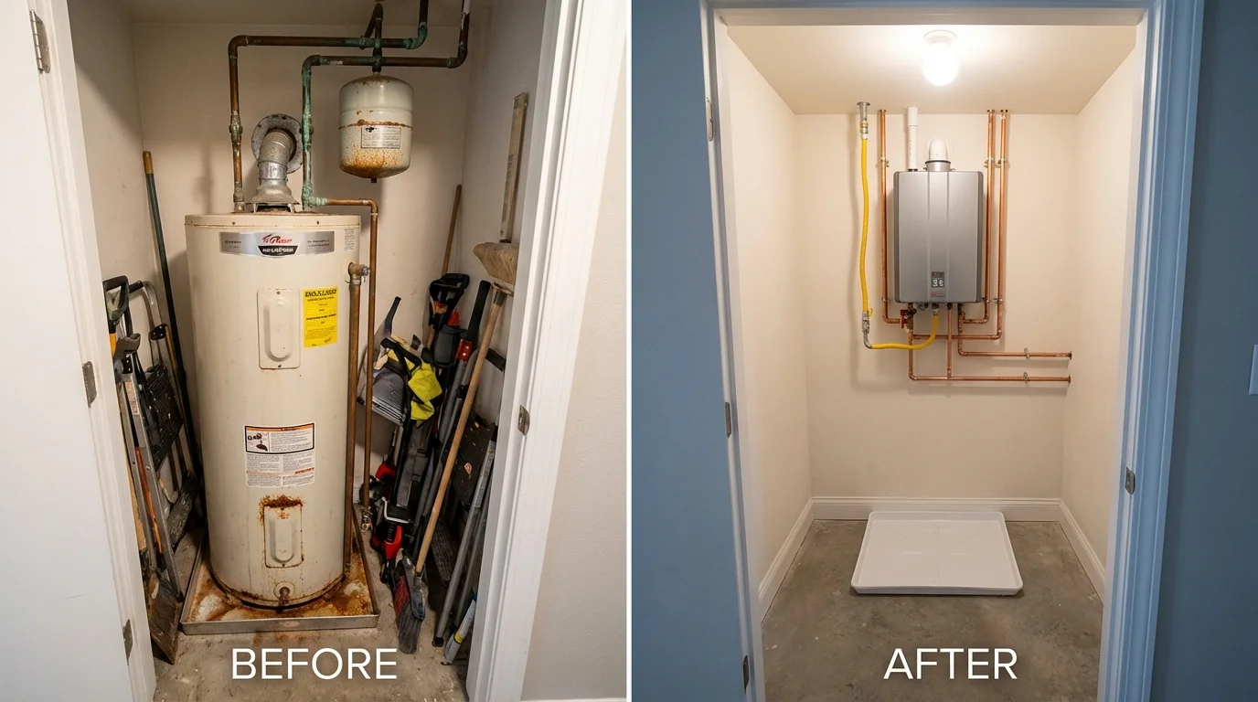 Tank water heater versus wall-mounted tankless unit comparison for Mebane, NC homeowners