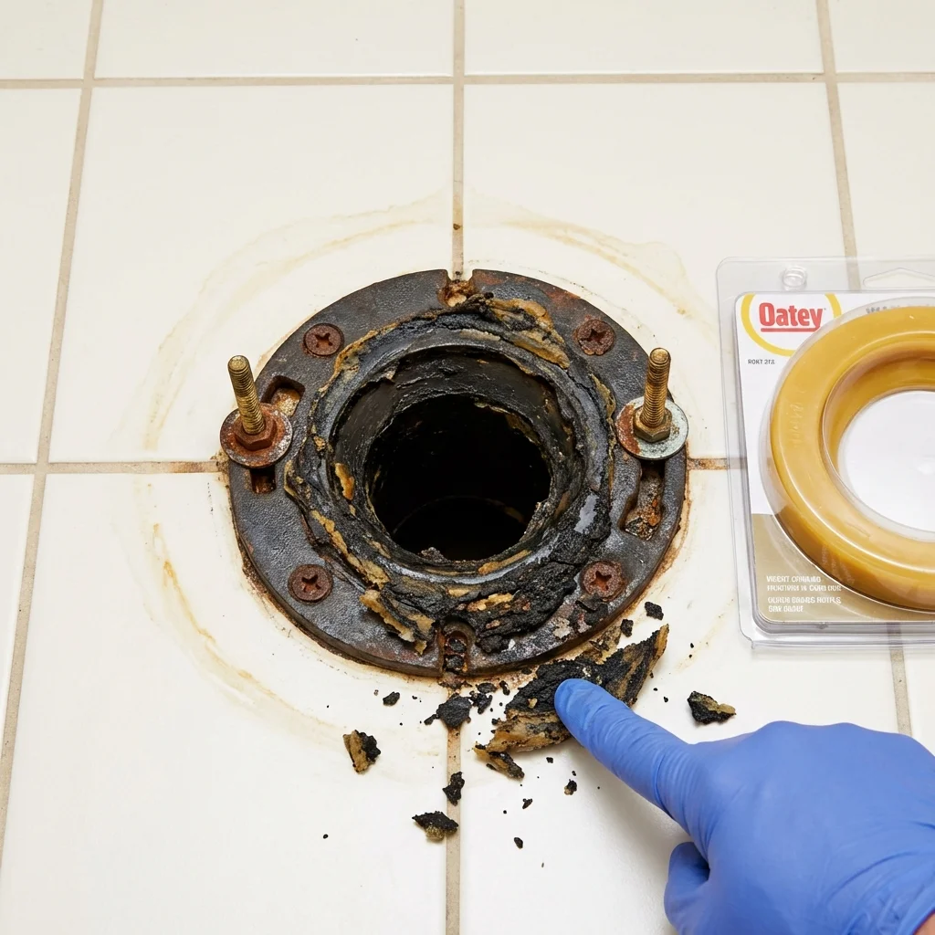 Failed wax ring showing water seepage at the base of a toilet in a Mebane, NC home