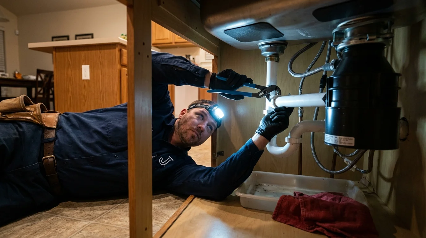 P-trap and supply line connections under a kitchen sink showing a common leak point in Mebane, NC